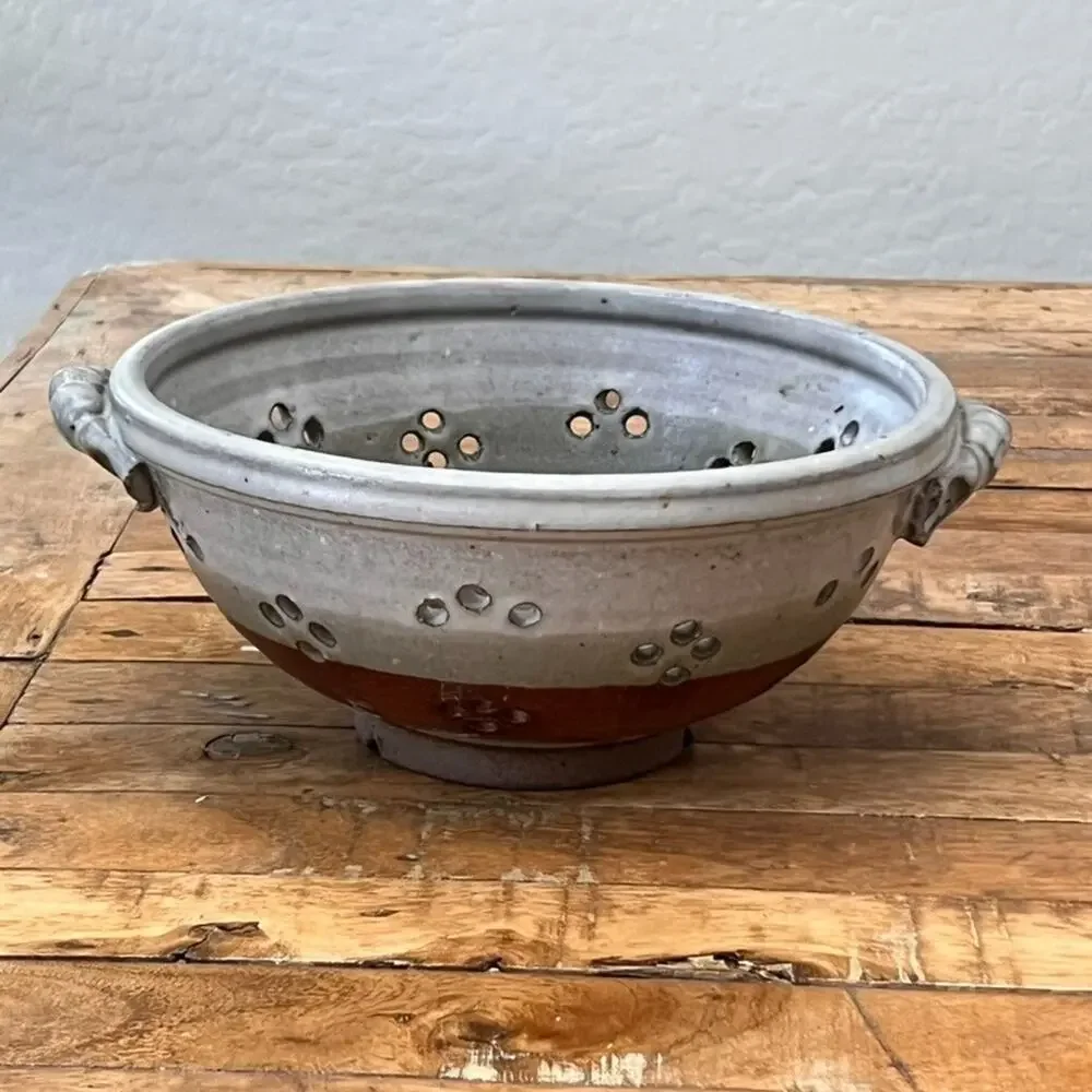 Art Studio Pottery Color Block Stoneware S Berry Bowl Colander 8.5" Handles - Picture 4 of 13